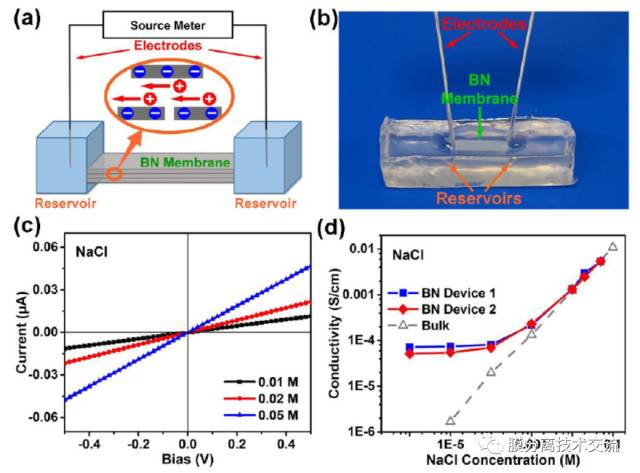 a)BN導管和(hé)測試裝置的(de)示意圖；b)BN導管置于聚二甲基矽氧烷中；c)在NaCl濃度為0.01，0.02，0.05M下(xià)的(de)I-V曲線；d)BN導管裝置和(hé)PH7溶液中的(de)離子(zǐ)電導率和(hé)NaCl濃度函數